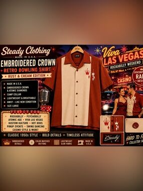 Steady USA Crown Bowling Shirt L Rockabilly Psychobilly Camp Collar NWOT Rare